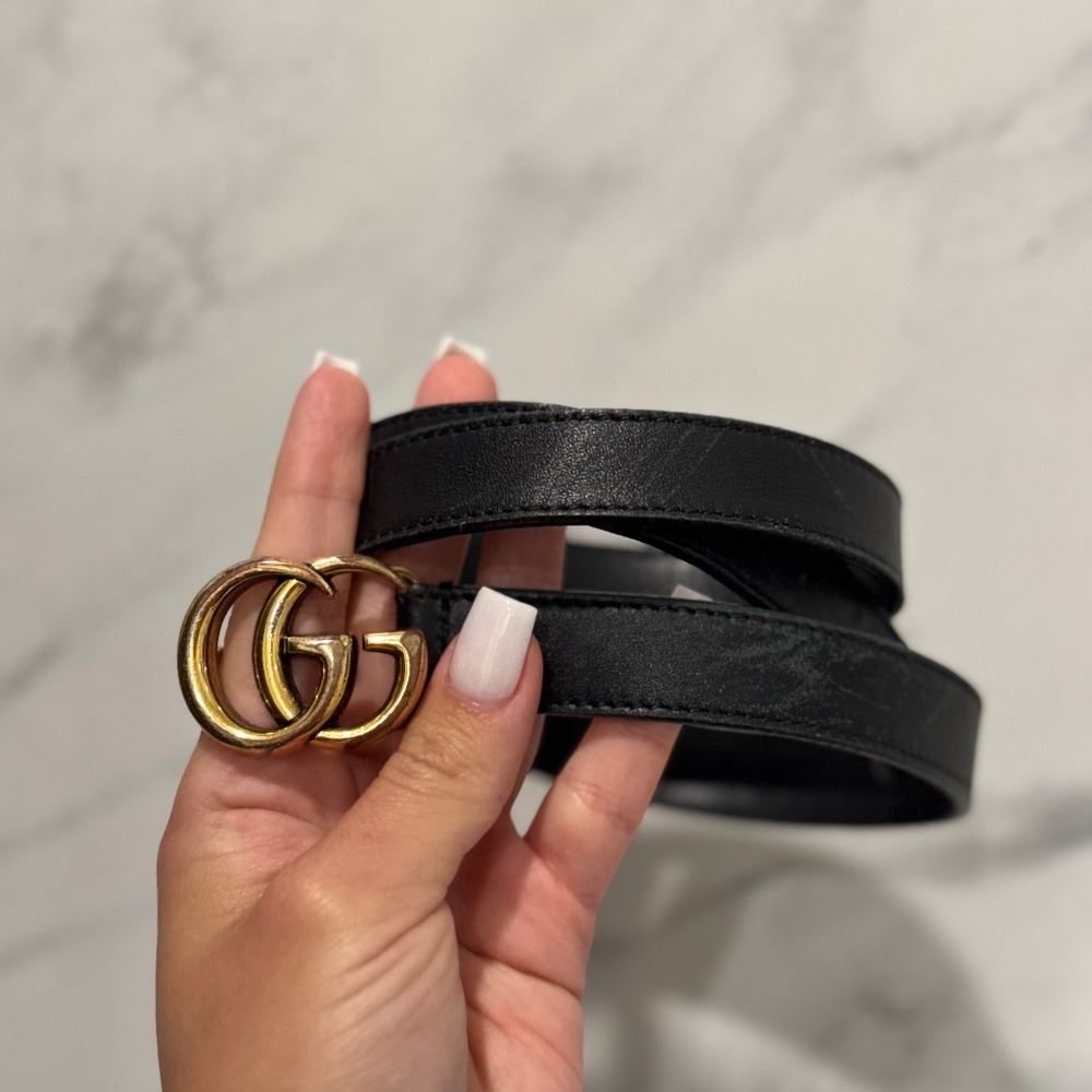 Gucci GG Marmont Thin Belt Black Leather Brass Double G Women